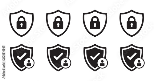 Shield icons with locks and checkmarks with person symbol for security privacy authorization access granted.