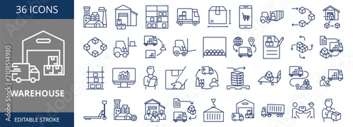 Warehouse web banner icon set outline vector illustrations concept with icon storage, warehouse, business, distribution, stock, shipping, industry