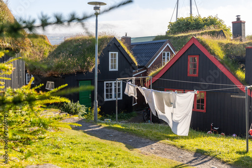 Traditional Grass-Roofed Houses in Faroe Islands Village