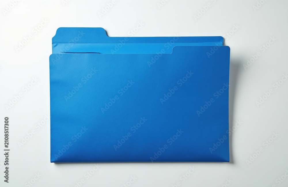 Obraz premium Single blue paper folder lies on white surface. Minimalist office supply object sits for business records management. Bright stationery accessory organizes documents, files with precision. Clean