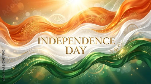 Indian independence day celebration vibrant flag waving with ornamental details