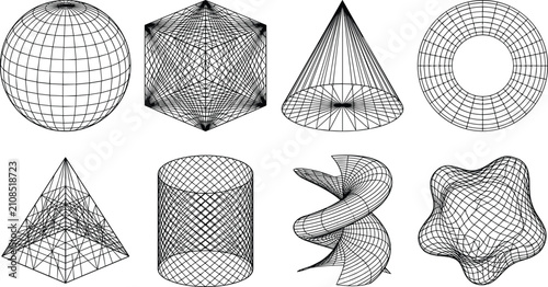 Collection of abstract wireframe 3D geometric shapes and technical mesh structures for design projects