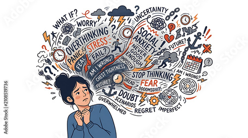 Woman experiencing anxiety and overthinking with a cloud of worries and fears above her head.