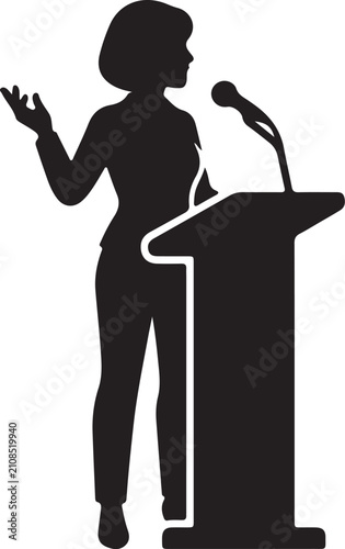 Bild auf Leinwand Female Speaker Speaking into Microphone Behind Lectern Concept Icon