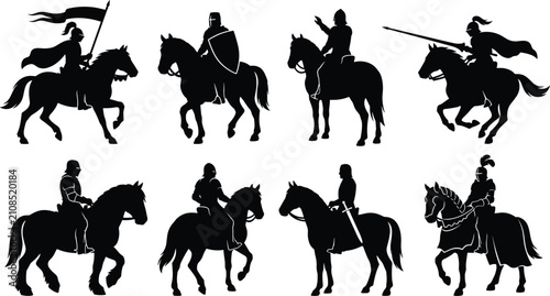 Quadro su tela Black Medieval Horse Rider Silhouette Collection with Knights, Cavalry and Histo