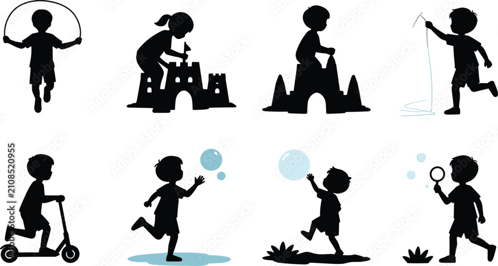 Obraz premium Black Children Playing Outdoors Silhouette Set with Jump Rope, Sandcastles, Scooter and Bubbles