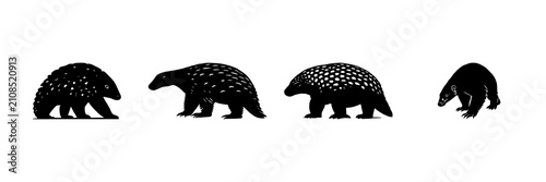 Quadro su tela Pangolin silhouette set with solid black rare wildlife icon featuring endangered