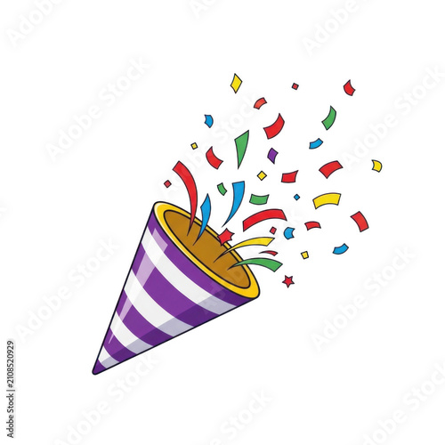 Colorful party popper with confetti explosion