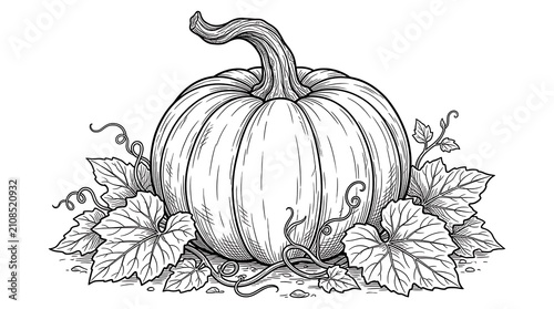 Detailed hand drawn sketch of a pumpkin with leaves and vines