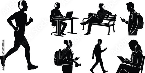 People listening to music and podcasts silhouette set featuring running, walking, working on laptop, and using smartphone