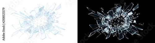Shattered glass fragments bursting outward with sharp transparent shards flying in every direction with PNG, Transparent and Black Background Versions for impact and action designs