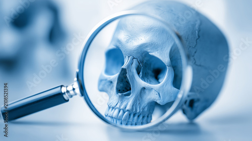 A human skull examined through a magnifying glass, representing forensic anthropology, skeletal investigation