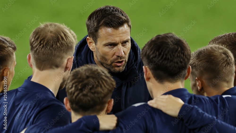 Fototapeta premium A sport trainer leads a team of young men in a huddle on a green field, promoting unity, motivation, and strategy.