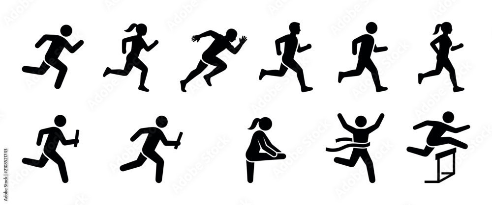 Fototapeta premium Running people icons depicting various athletic activities and sports competitions, including sprinting, relay race, stretching, hurdling, and crossing the finish line.