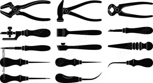 Canvas Print Set of vintage leather craft hand tool silhouettes including pliers cobbler hamm