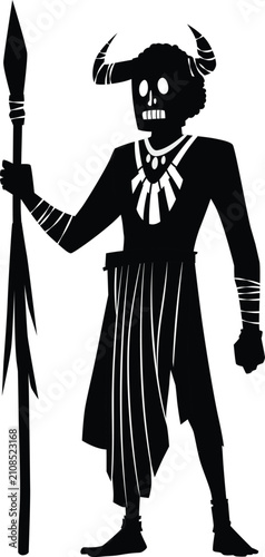 Photography Tribal shaman with spear and mask with animal's horns vector black silhouette, n
