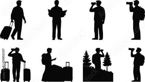 Cuadro en lienzo Black Tourist and Traveler Silhouette Set with Luggage, Maps, Binoculars and Bac