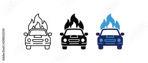 Car on fire icon, auto insurance claim symbol, vehicle burn emergency sign, accident damage graphic. Vector illustration