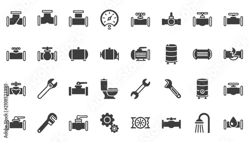 Large collection of plumbing service and pipe industry icons featuring valves tools shower and toilet symbols.