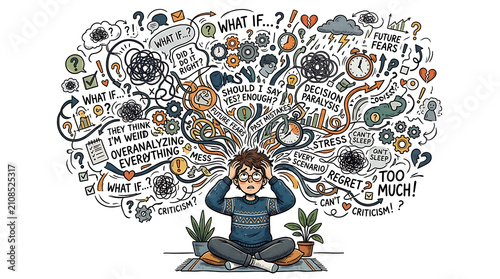 Overwhelmed person with many thoughts and anxieties in their head.