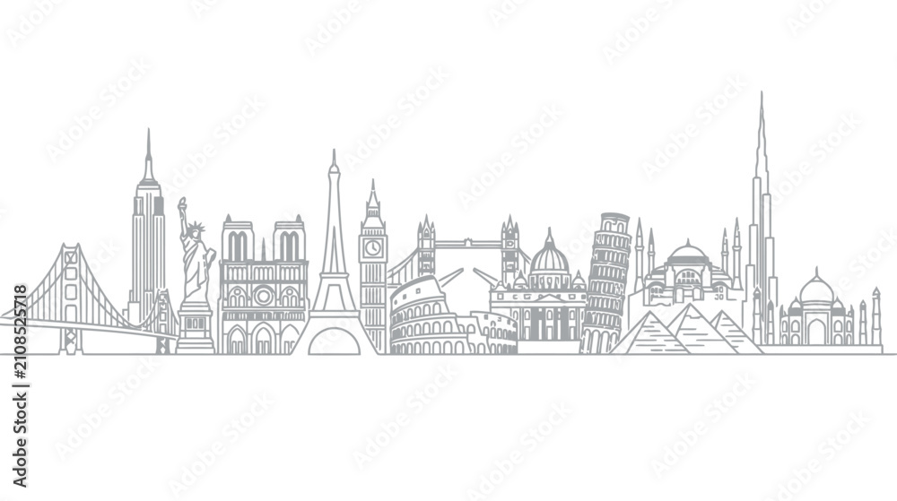 Fototapeta premium Global Landmarks Skyline Silhouette - Iconic Landmarks of the World - Outline Art