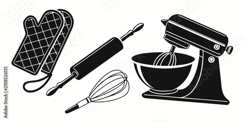 Bild auf Leinwand Silhouette set of essential baking tools, whisk, rolling pin, whisk, and mixing