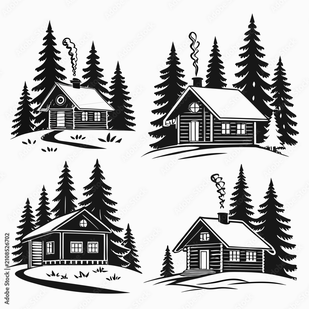 Obraz premium Winter cabins with pine trees silhouettes, black and white set snow