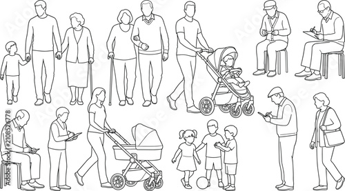 Line art vector set of diverse people walking families parents with strollers senior citizens and kids