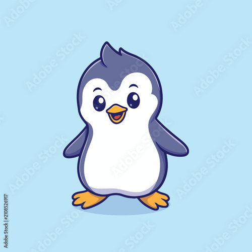 Cute penguin on pastel blue background penguin, cute, cartoon, mascot, baby, chick, bird, animal, adorable, smile, smiling, character, 