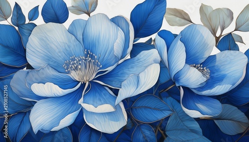 Serene Blue Petals Backdrop Vintage Illustration Botanical Art Drawing Digital Painting
