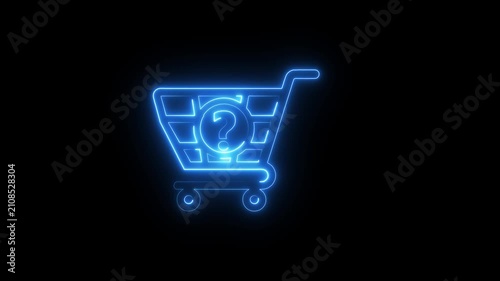 Neon blue outline of shopping cart icon with glowing question mark animation on dark wall.