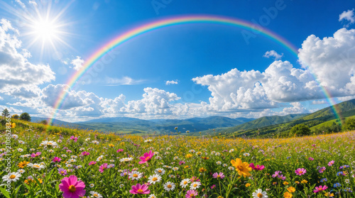 Wildflower meadow blooms in a vibrant valley under a radiant rainbow arching across the bright blue sky.