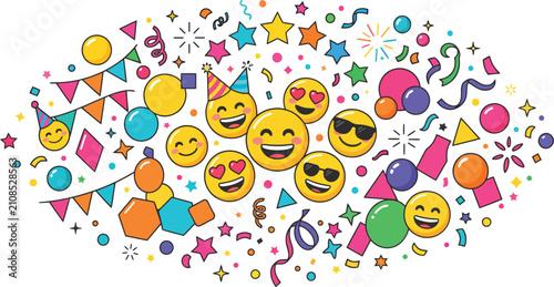 Obraz na plátně Festive Emoji Party Cluster with Bunting Garland, Confetti, Stars, and Balloons