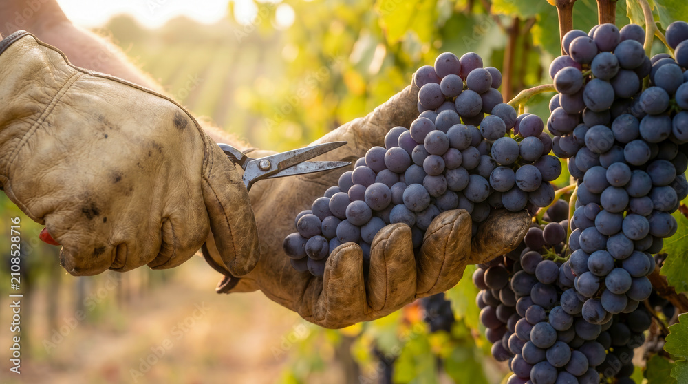 Obraz premium Farmer harvesting ripe purple grapes in a vineyard during the autumn harvest season.