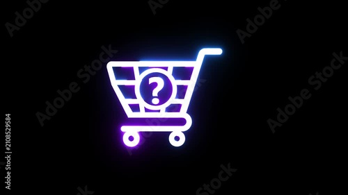 Neon shopping cart icon with question mark pulsing for retail ecommerce customer support.