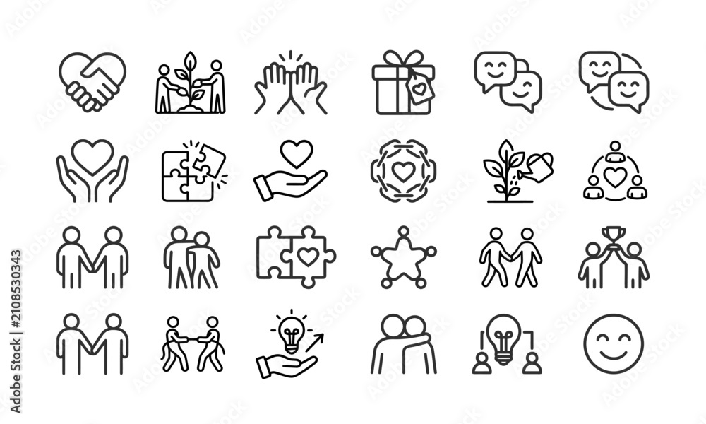 Fototapeta premium Friendship and cooperation line art icons set, minimal vector charity, teamwork and community symbols collection