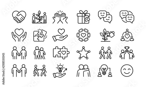 Friendship and cooperation line art icons set, minimal vector charity, teamwork and community symbols collection
