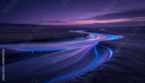 Abstract Glowing Blue Light Trails in Desert Landscape