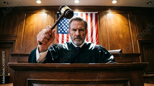 Stern Judge Raising Gavel In American Courtroom Delivering Verdict Under US Flag