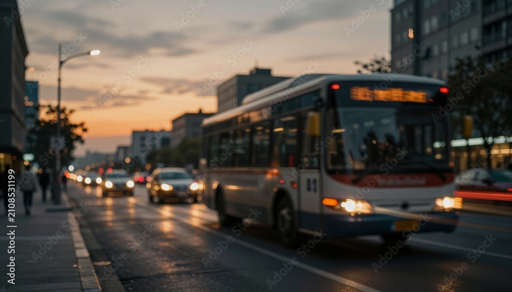 Fototapeta premium City Bus Commuting on Urban Street at Sunset