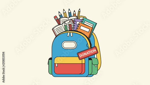 Colorful school backpack filled with school supplies and a red donation tag represents back to school charity.