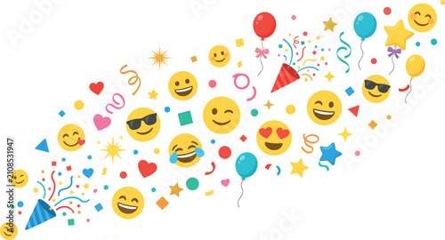 Obraz na plátně Festive Emoji Explosion Stream with Party Poppers, Balloons, Confetti, and Expre