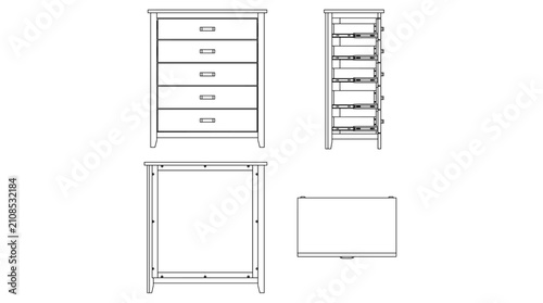 Tallboy furniture technical drawing blueprint with front side back and top views CAD line art vector illustration