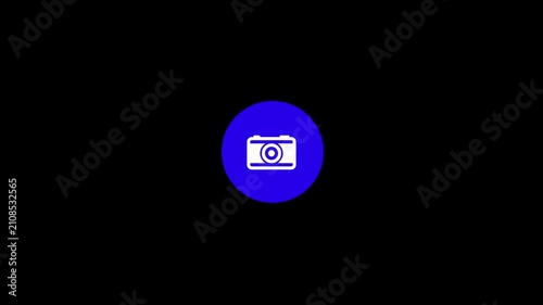 Minimalist camera icon animation, blue glowing circle button on black background, digital photography and media interface element