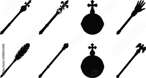 Foto Royal regalia and monarch coronation symbols black silhouette vector icon set fe