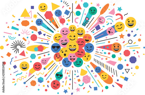 Принти на полотні Dynamic Emoji Explosion Composition with Colorful Geometric Shapes, Confetti, an