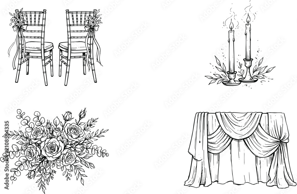 Fototapeta premium Vintage wedding ceremony and reception decor linear icons set featuring sketch chiavari chairs lit candles table drapery and rose flower bouquet