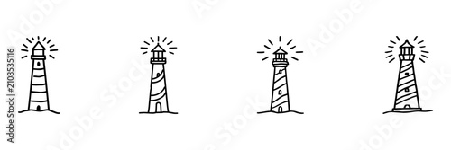 Lighthouse Hand Drawn Doodle Icon Set. Coastal Navigation, Beacon, Warning And Seaside Guidance Sketch Symbol Collection. Travel And Maritime. Isolated Vector Illustration