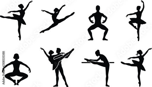 Foto Set of professional ballet dancers and classical ballerina performance black vec