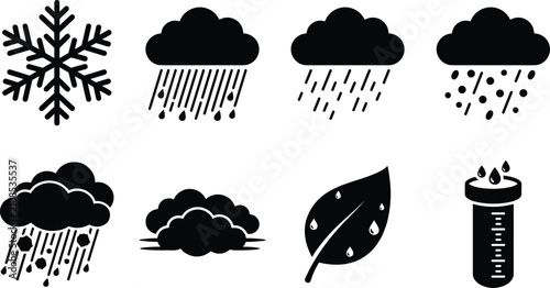 Photos Set of weather precipitation and seasonal rain forecast pitch black solid silhou